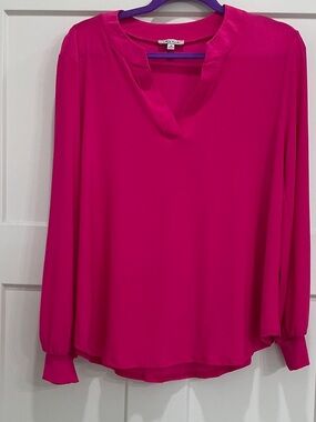 white birch Hot Pink Split V-Neck Long Sleeve Blouse